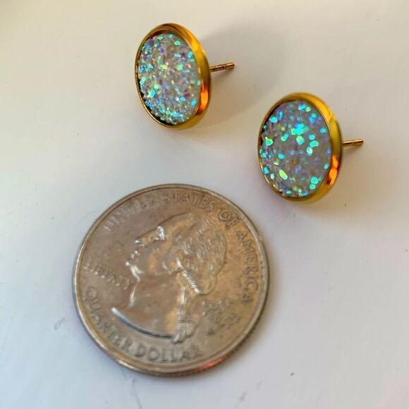 White Iridescent Prism Faux Druzy Quartz Sparkly Gold Rainbow Iced Earrings NEW - Picture 9 of 10